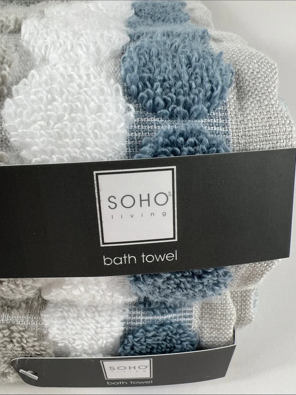 Soho Living Bath Towels in Blue, Gray, White Striped Zero Twist Cotton 2 Pc NEW